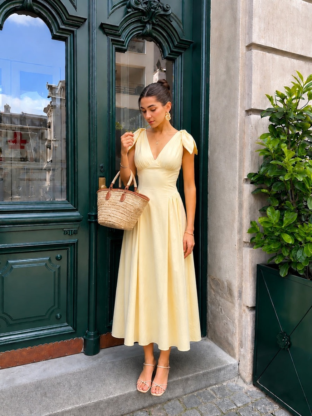 Commense Cross Back Bow Strap Midi Dress